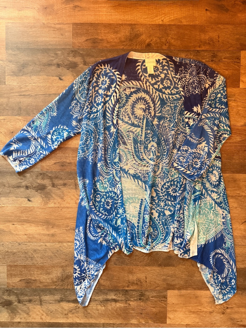 Chico's Blue Paisley Open-Front Tunic Cardigan